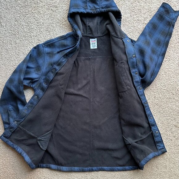 Dickies Jacket Mens XL Button Up Fleece Lined Blue Black Hood Pockets Workwear - Picture 3 of 12